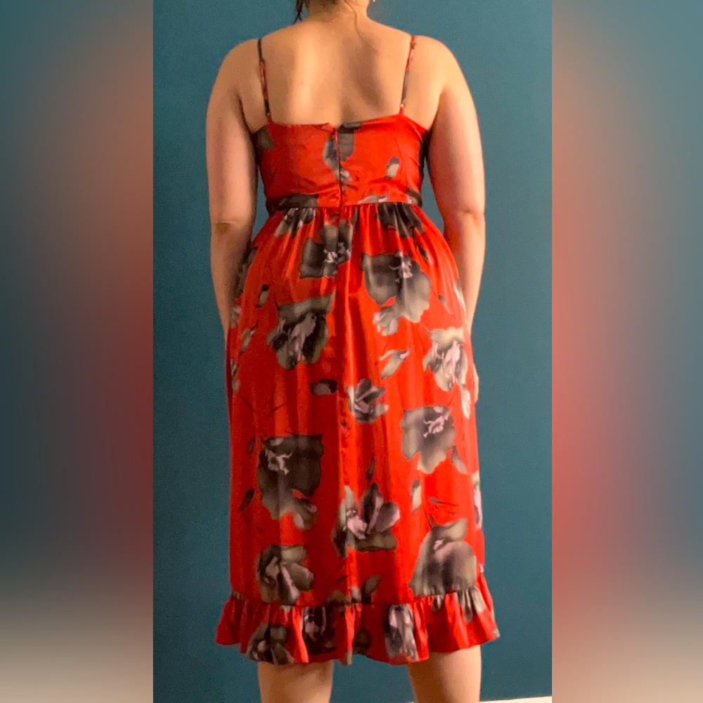 Avec Les Filles midi burnt orange floral dress with bottom ruffle